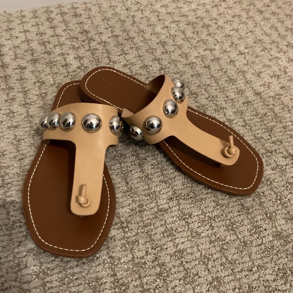 Marc Fisher Tan Flat Thong Sandals with Silver Stud Accents